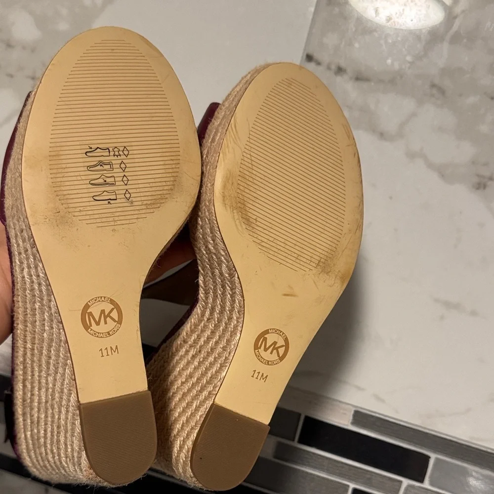 Michael Kors Burgundy and Tan Wedge Sandals - Picture 9 of 16